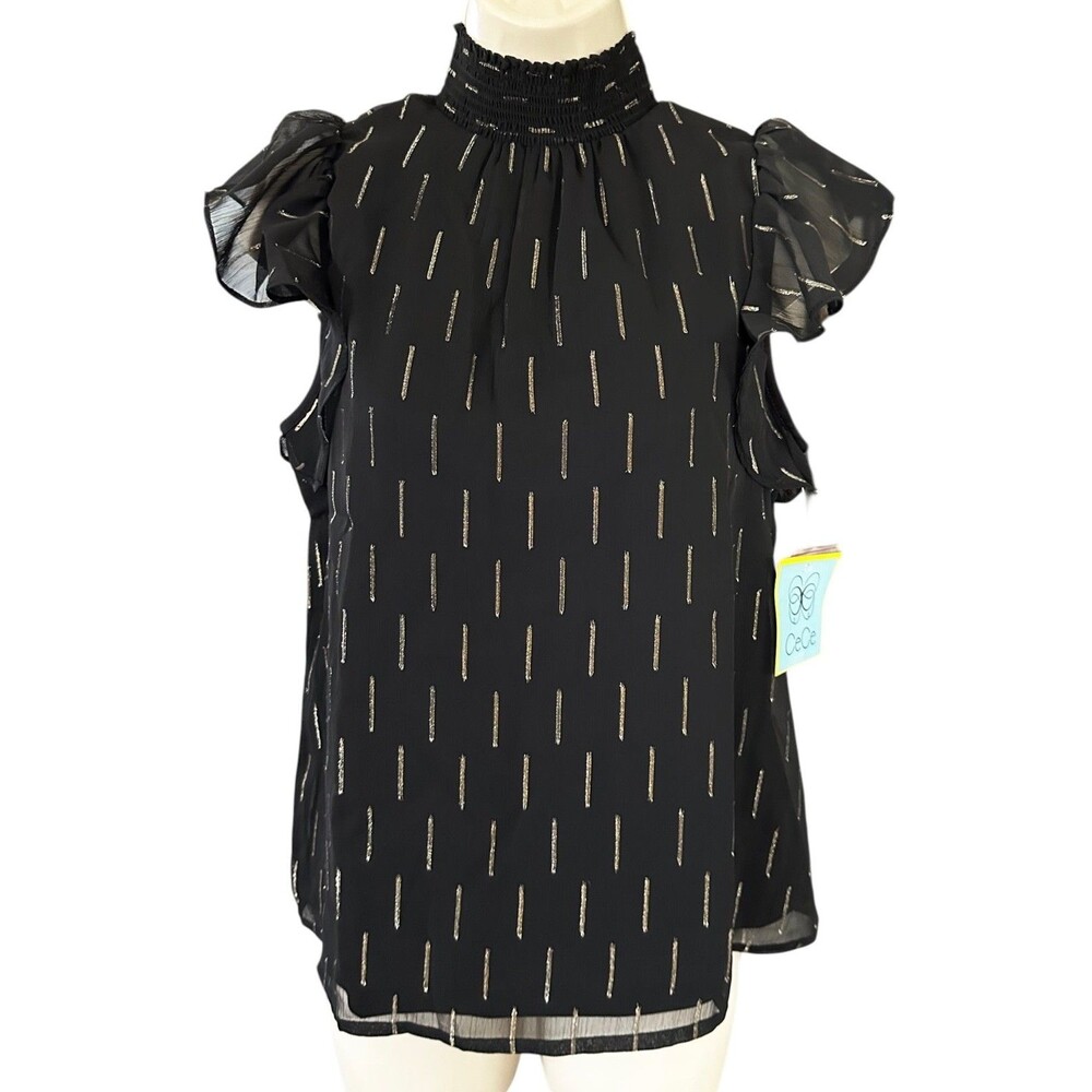 CECE Women's Chiffon Glitter Blouse Top Flutter Sleeve Lined Size S Black & Gold